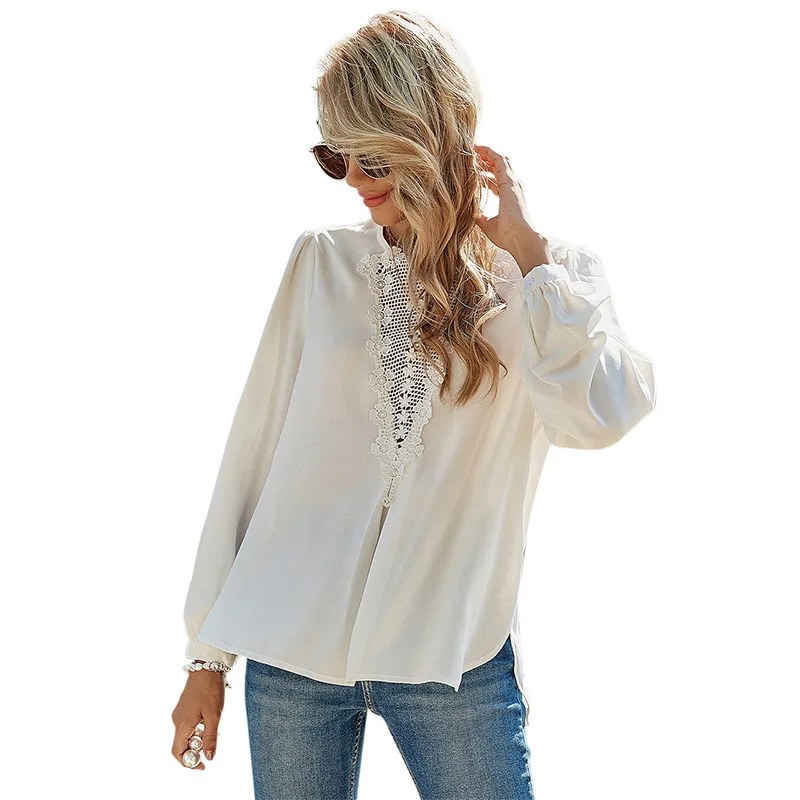 

Hollow Flower Lace Stitching Solid Color White Shirt Plus Size Women Clothing Casual O Neck Vintage Long Sleeve Tops Spring 2021