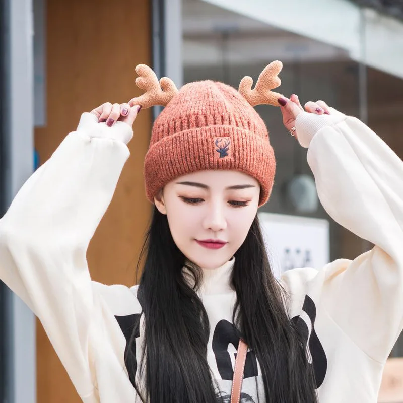 

Christmas Knitted Cute Antler Hat Decorations For Home Ornaments Accessories Warm 2021 Valentines Day Gifts Kids Navidad Party