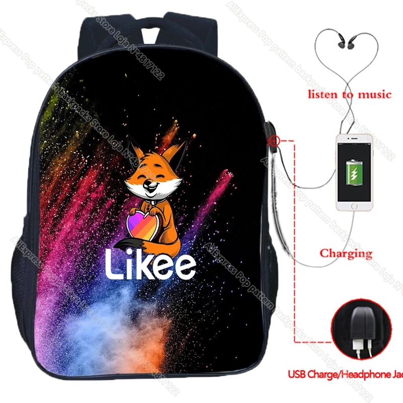 

Likee Backpack Usb Charging Travel Bookbag Likee Video App Laptop Russian Style Colorful Bags Teenage Girls Cat Fox Schoolbag