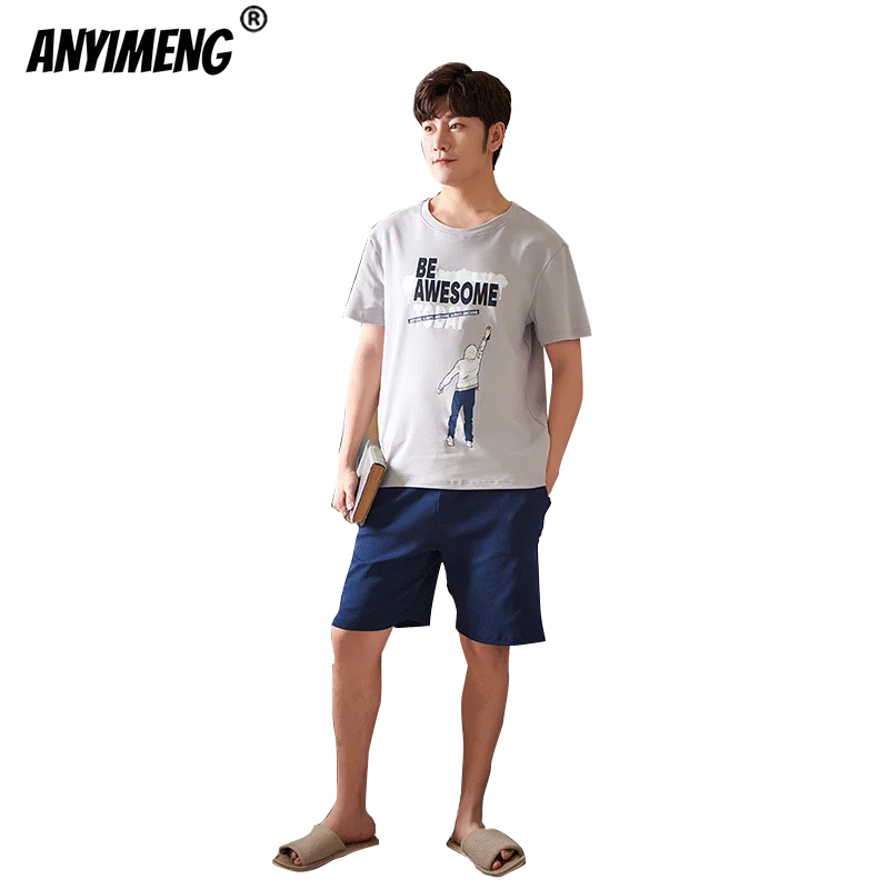 

New Soft Short Sleeve Short Pants Sleepwear Man Clothes Pajamas Set Crew Neck 100% Cotton Pijamas Set Letter Printing Pj Set