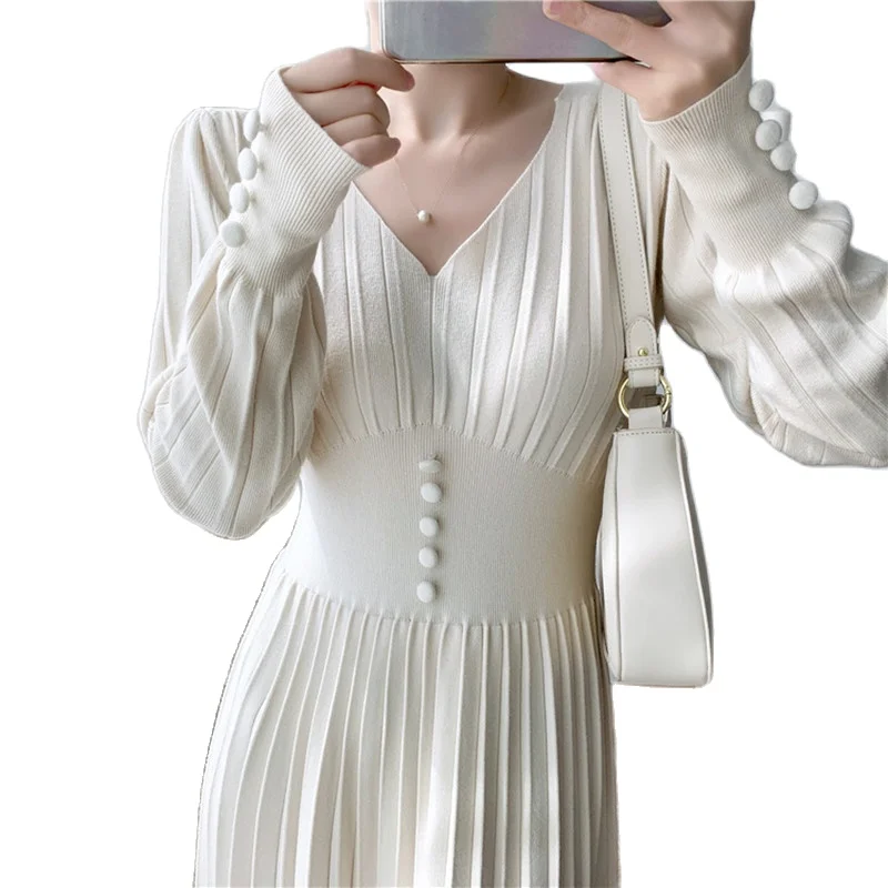 

Rabbit Hair Knitted Dress Thicken V-neck Thin Waist A-line Long Dresses 2021 Spring Autumn Solid Office Lady Women Clothing