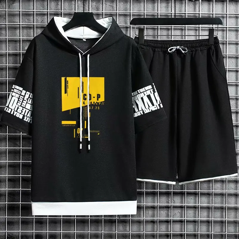 

Hip Hop Men's Sets Streetwear Hooded Short Sleeve T Shirts+Casual Elastic Waist Shorts Fashion Men Clothing Tracksuit Men Sets