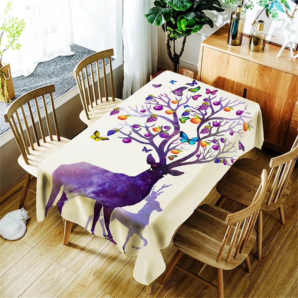

New Style Sika Deer Flowers Animals Printing Household Tablecloth Cover Rectangular Polyester Waterproof Oilproof Table Cloth