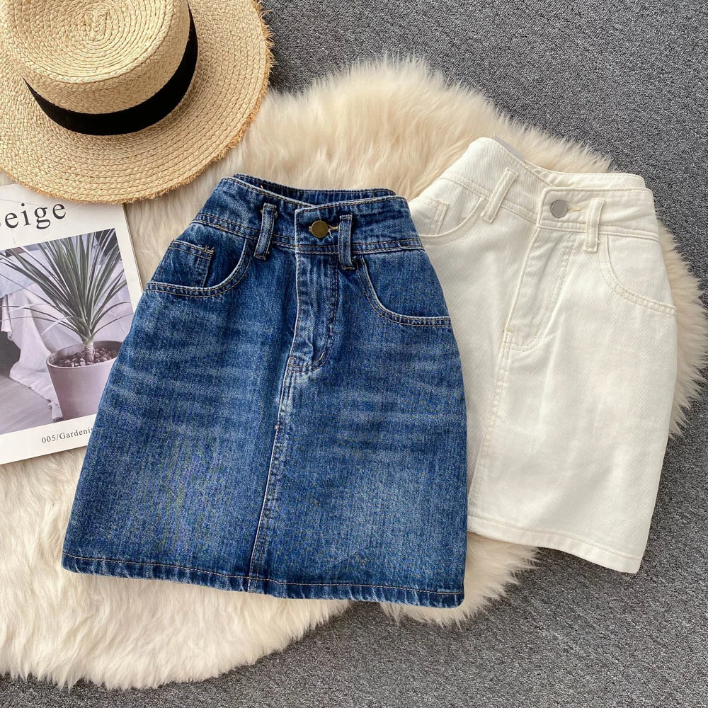 

Women Denim Skirt Vintage Blue White High Waist Mini Pencil Skirt 2022 Fashion Streetwear Pockets Slim Casual Jeans Skirt