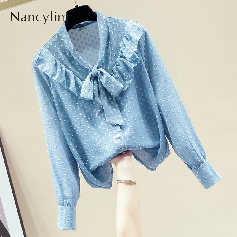 

Elegant Ruffle Chiffon Shirt Women's Long Sleeve Autumn Tops Bow Tie Collar Dot Blouses Office Lady All-Match Blusas Blue