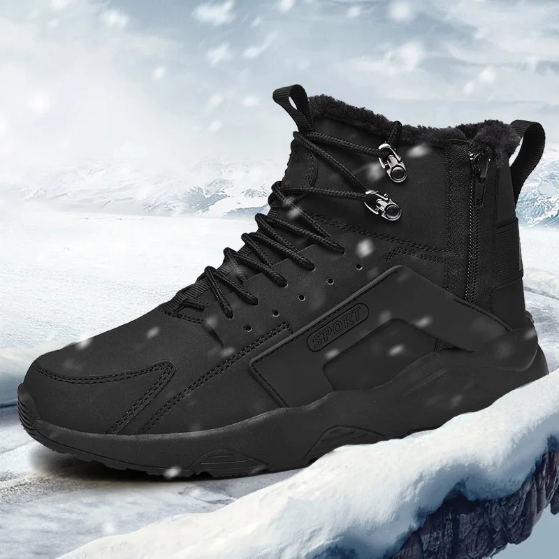 

2021 Winter Fur Snow boots Brand Leather Ankle Snow Waterproof Men Boots Plush Warm Male Casual Boot Sneakers Outdoor Boots