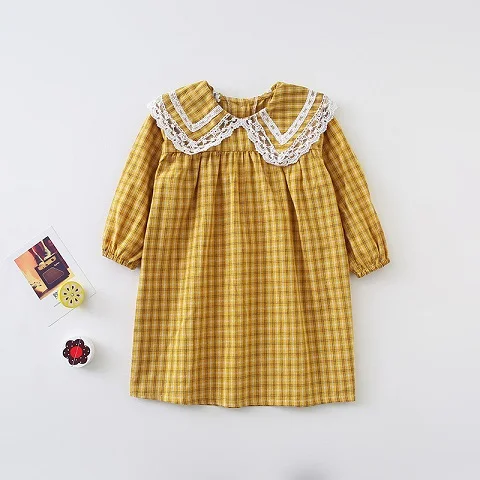 Yellow Baby Girls Plaid Dress Korean Style Autumn New Chic Children Princess Dresses Lace Collar Robe Toddlers Kids Clothes - Color: Yellow