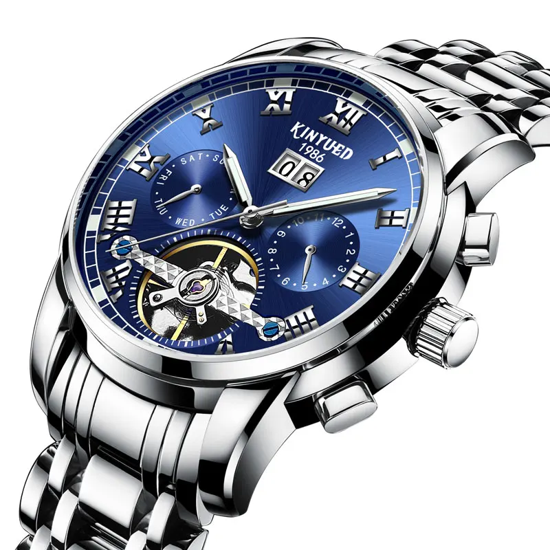 Мужские автоматические механические часы KINYUED Blue tourbillon многофункциональные