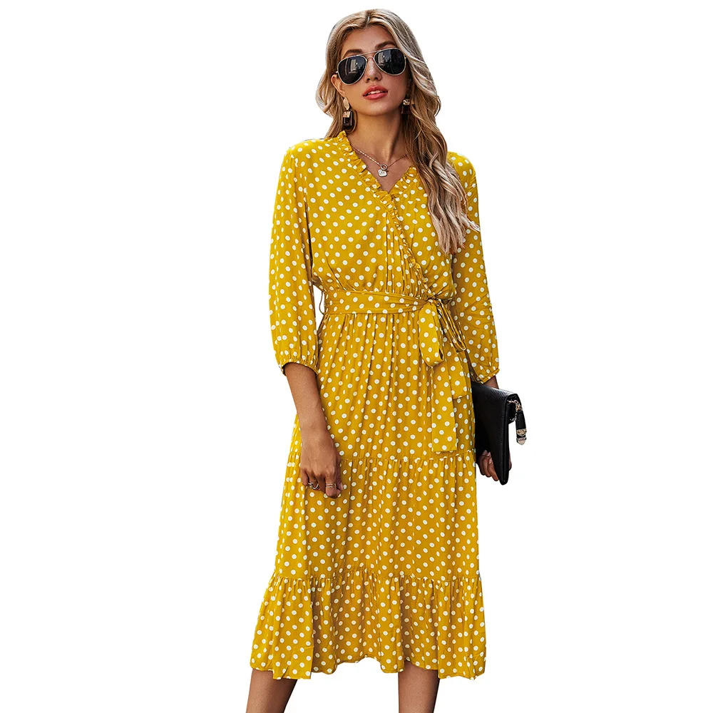 

Original New Women's 2021 Spring And Summer Burst Classic Dress Female Long Sleeve Fashion Maxi Size Wave Point Print Dresses