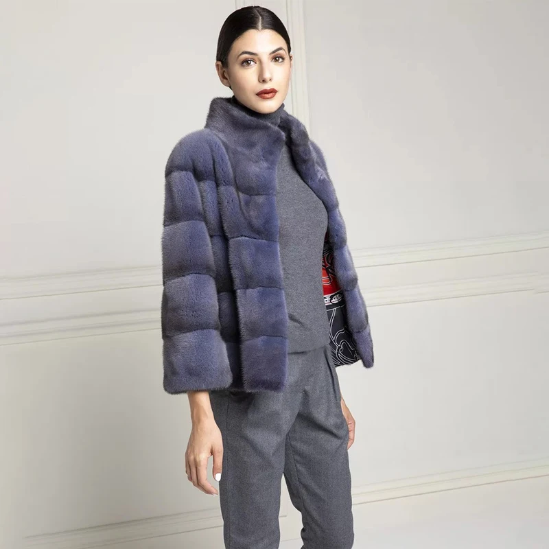 

Tatyana Casual Autumn Winter Mink Fur Coat Women 100% Real Natural Fur jackets Standing Collar Purple Thick Ladies Overcoats