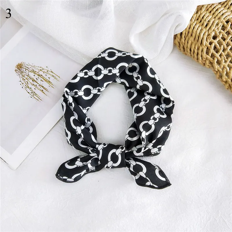 50*50cm Bandana Butterfly Floral Print Round Chain Stripes Square Scarf Head-Neck Satin Silk Scarf Hair Tie Band Handkerchief