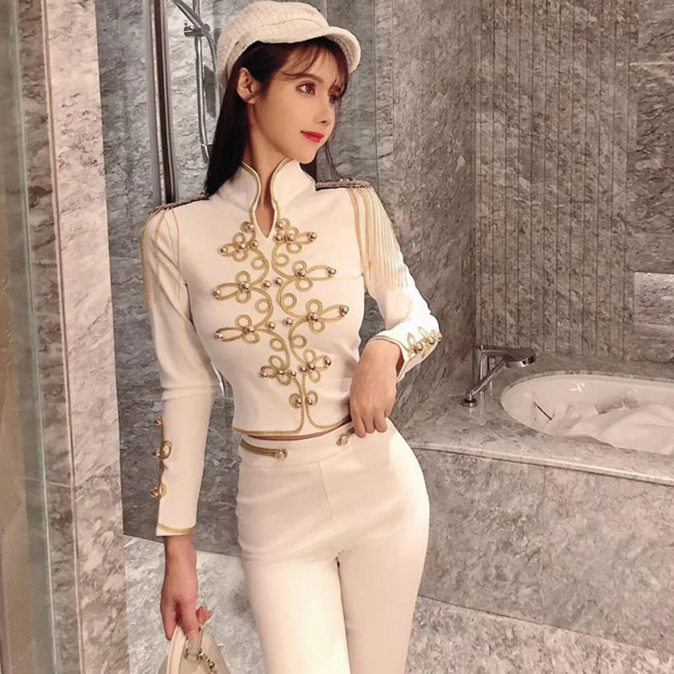 New Autumn And Winter Ladies Club Bandage Suit Black White Fringed Shirt And Pants 2 Pieces Two-Piece Club Party Suit