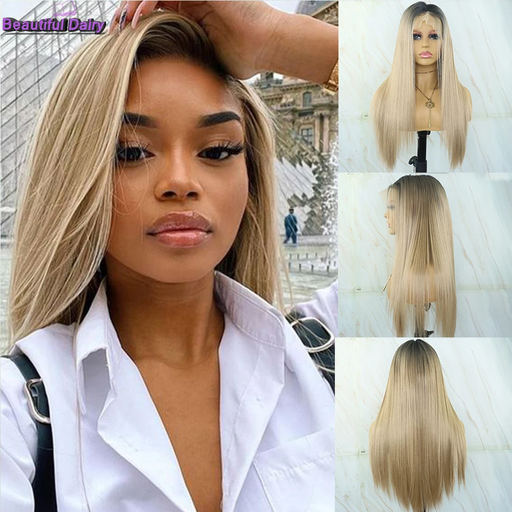 Long1b/103# 13x4 Straight Synthetic Lace Front Wig Glueles Ombre Blonde Front Lace Wigs For Women Two Tone Blonde Wig Dark Roots