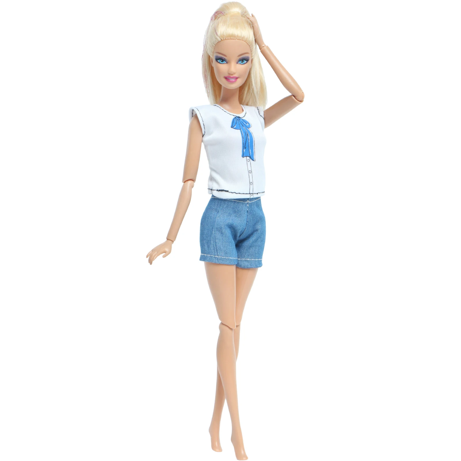 1 Сет Ручной работы повседневный наряд с голубым рисунком банта на футболке и шорты. Аксессуары для куклы Барби. Игрушка для детей.