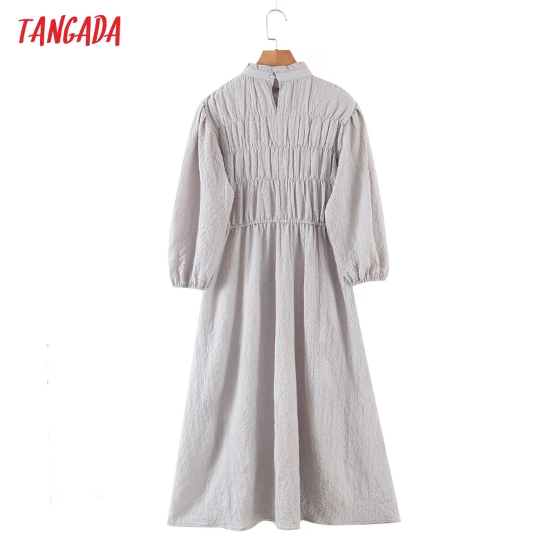 

Tangada 2021 Fashion Women Solid Pleated Dress Ruffles Vintage Long Sleeve Ladies Midi Dress 8H107