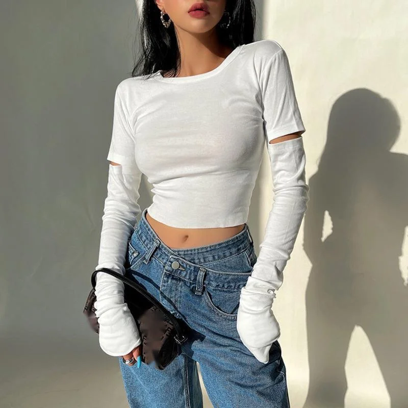 

WOMENGAGA American Spice Girls Hollow Out Long Sleeve T-shirt Women Solid Round Neck Slim Short Top Summer Tees Korean Sexy Y6RE