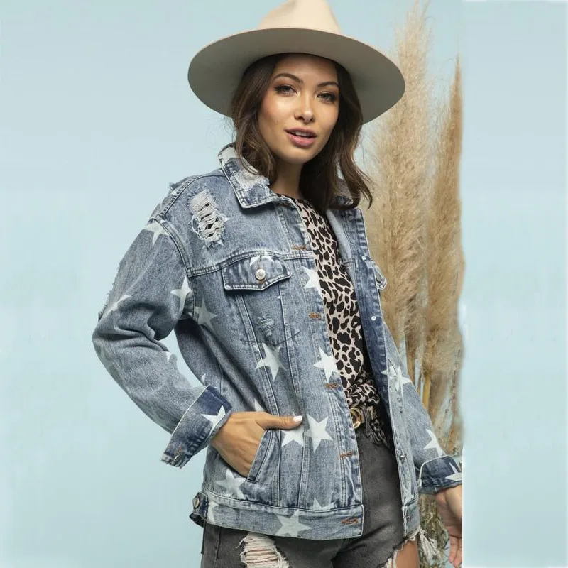 Джинсовая куртка женская с длинным рукавом свободная рубашка из денима на