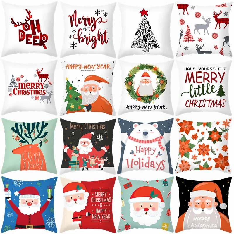 

1Pc Merry Christmas Pillow Case 45*45cm Santa Claus Beer Printe Cushion Cover for Christmas New Year Party Pillowcase Decoration