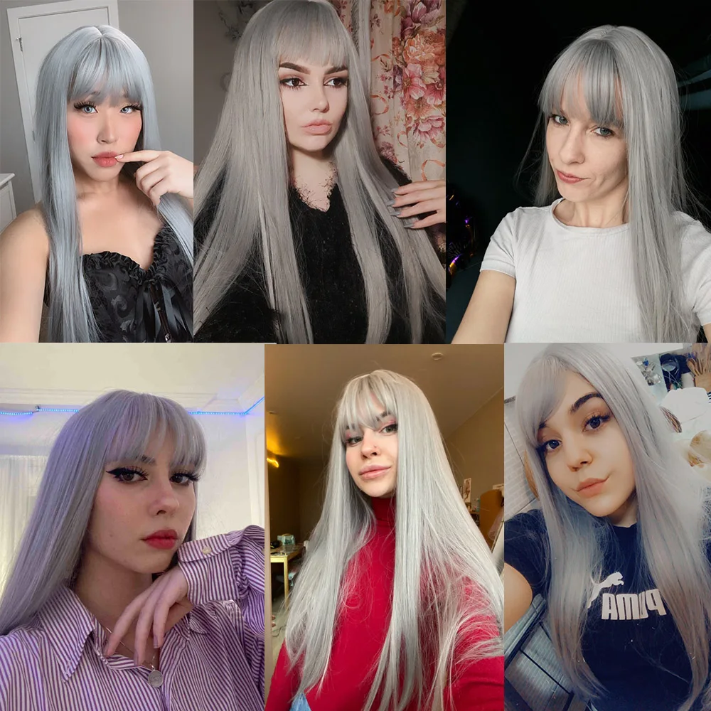 Длинные шелковистые прямые синтетические волосы парики серебристо серые
