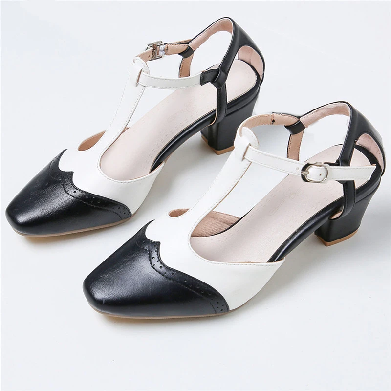 

2020 T Strap High Heels Block Heel Women Shoes Square Toe Buckle Strap Vintage Pumps Woman Spring Autumn Pumps Large Size 34-43