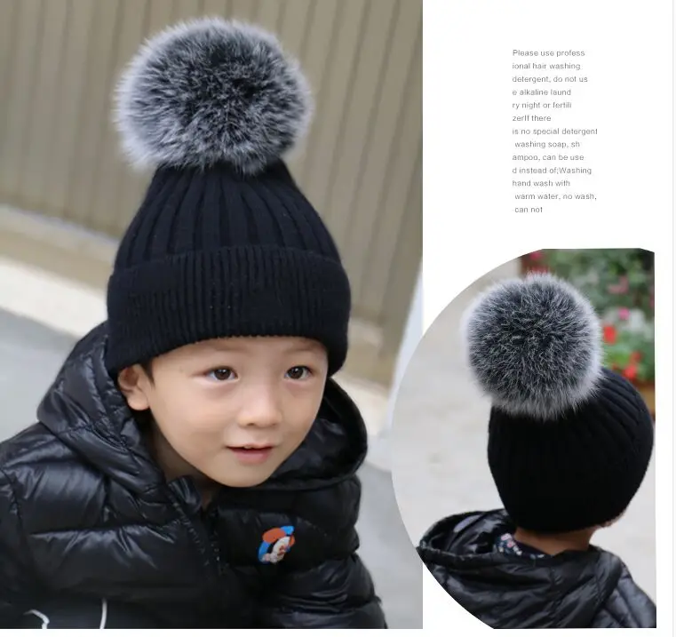 Зимняя вязаная шапка для девочек из натурального Лисьего меха с помпонами