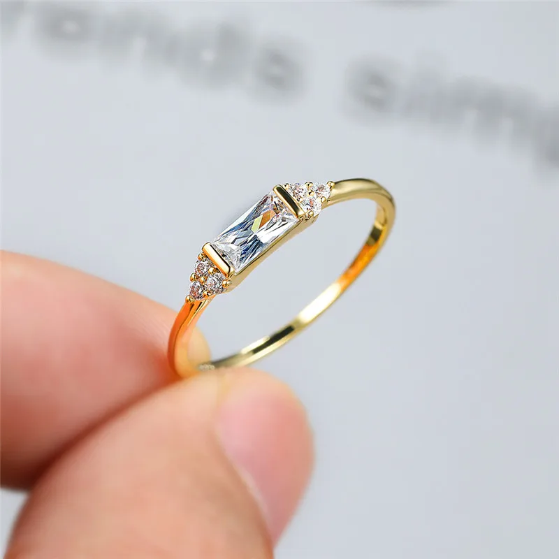 

Cute Female White Square Crystal Ring Vintage Yellow Gold Wedding Rings For Women Small Round Zircon Thin Engagement Ring