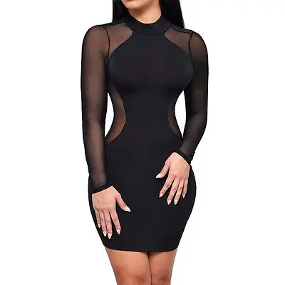 

Sexy Women Bandage Bodycon Black Mesh Patch Transparent Evening Party Club Short Mini Dress