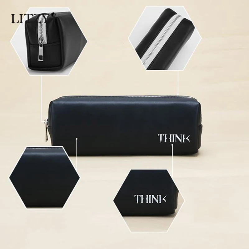 Черный чехол для карандашей школьный кожаный мальчиков и девочек вместительная