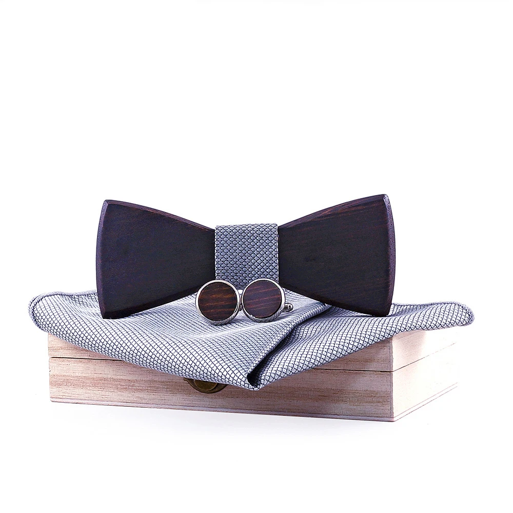 

Linbaiway 3D Wooden Bowtie Pocekt Square Cufflinks Set Classic Business Wood Bow Tie Wedding Handmade Corbata Wooden Ties