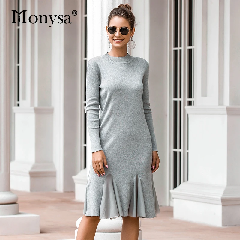 Женское трикотажное платье с длинным рукавом серое повседневное свободное до