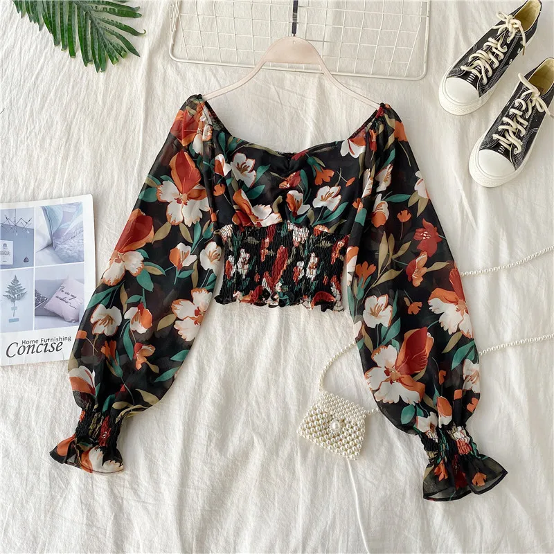 

Vintage Floral Print Edible Tree Fungus Edge Women Blouse 2021 Spring Summer Slash Collar Flare Sleeve Flods Slim Chiffon Shirt