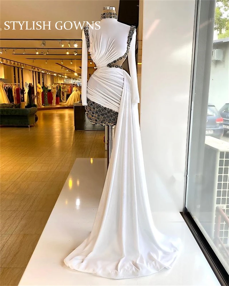 

Белое короткое платье-Русалка для выпускного вечера с высоким воротником, 2021, вечерние платья с кристаллами, плиссированные Формальные пла...