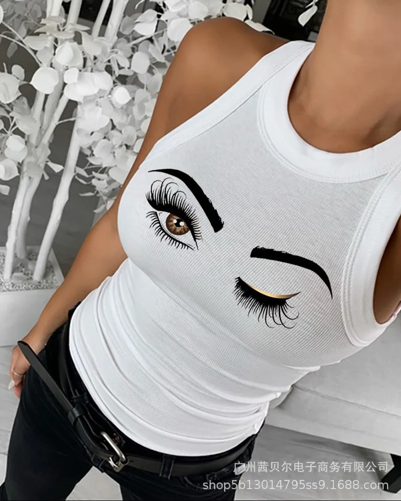

Mandylandy Women's Sexy Sleeveless Eye Print Slim Vest Summer Fashion O-Neck Pullover Vest Top