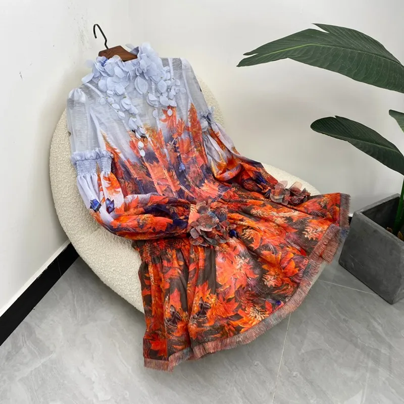 

Женское ТРАПЕЦИЕВИДНОЕ мини-платье, летнее платье с длинным рукавом-фонариком, кисточками и принтом в виде лепестков красных листьев, 2021