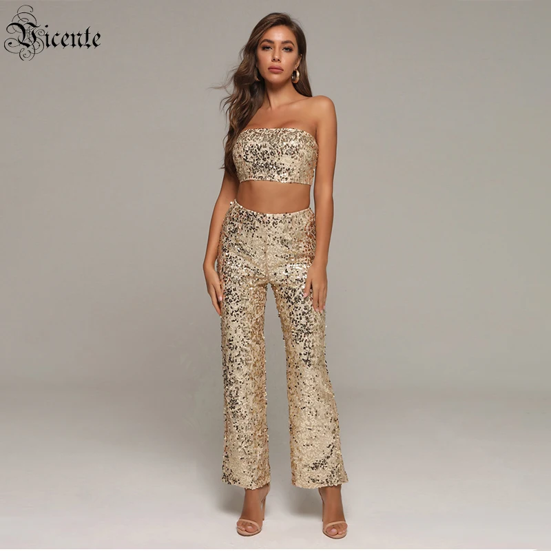 

Женский блестящий костюм из двух предметов VC, костюм из блестящих золотистых топов без бретелек в стиле Звезд, для клуба, для вечеринки, 2020