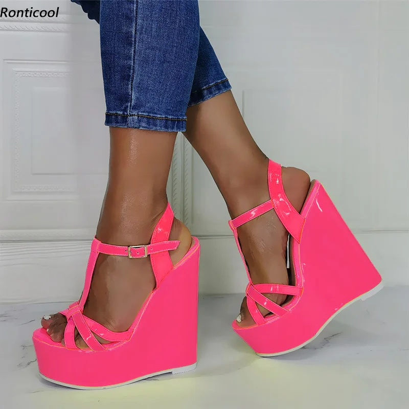 

Ronticool Hot Handmade Women Summer T-Strap Sandals Patent Wedges Heel Open Toe Gorgeous 8 Colors Dress Shoes US Plus Size 5-20