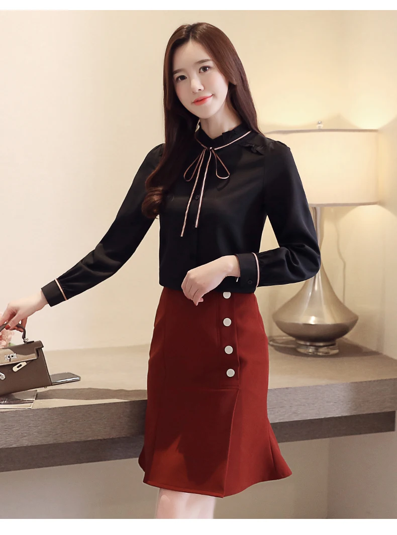 

Houthion Chiffon Women's Blouses Casual Long Sleeve Top Office Lady Button Full Solid Shirt Loose Summer Fashion Blouse