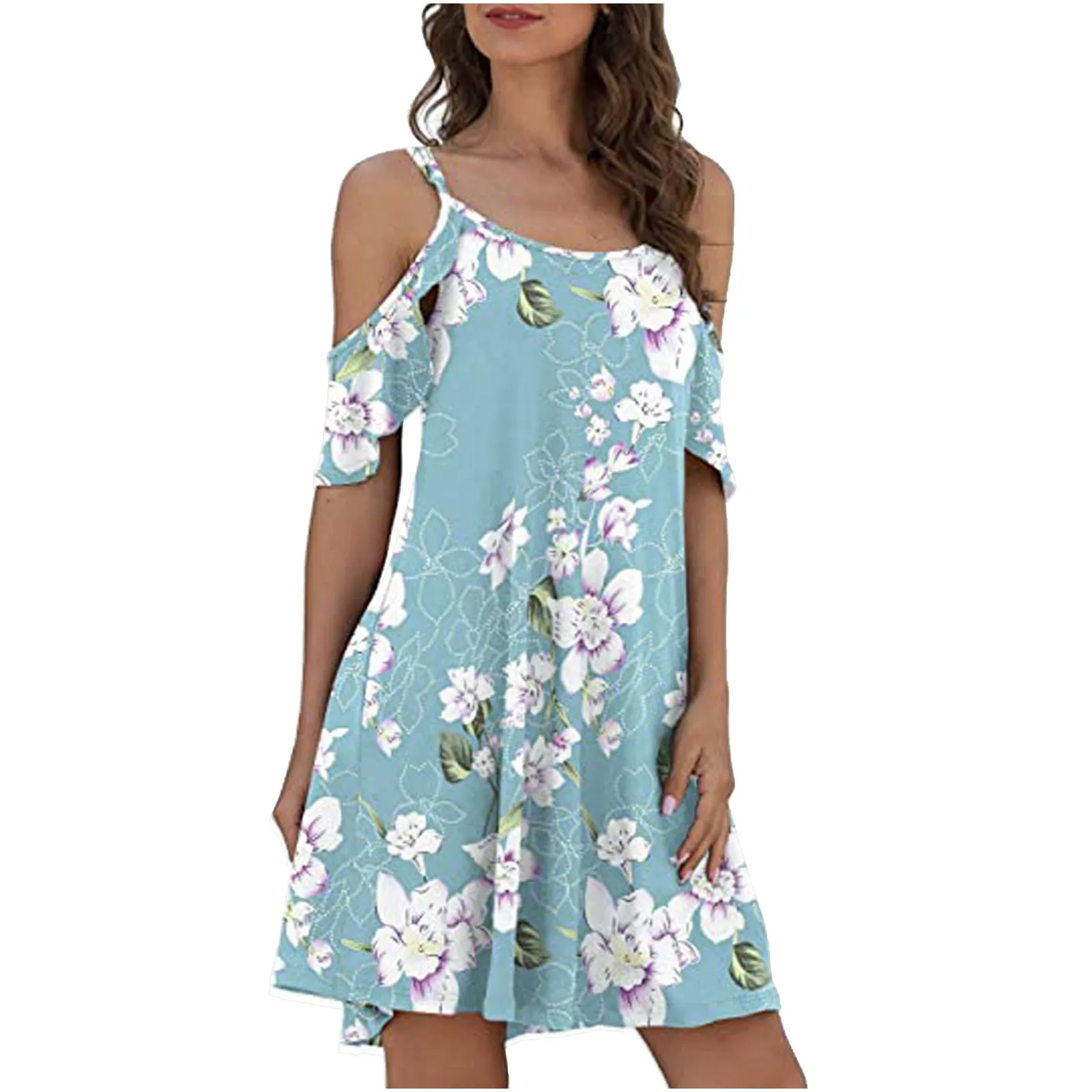 

40# Spagetti Strap Straight Dress Women Clothing Bohemian Sexy Mini Off-the-shoulder Dresses Summer Floral Printed Dress Woman