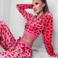 womens love printed casual sports suit street short hooded cardigan sweater lace up casual pants two piece set y2k suit