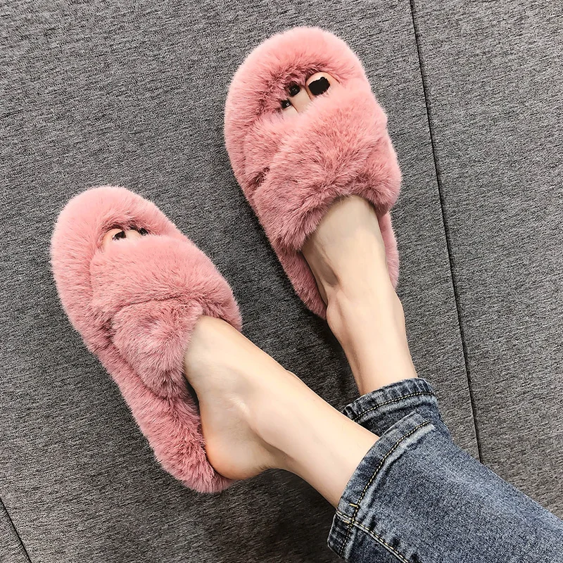 Double Band&cross band fur slippers women platform shoes pantuflas 35-40 candy thicken soled furry slides plush creepers2020 | Обувь