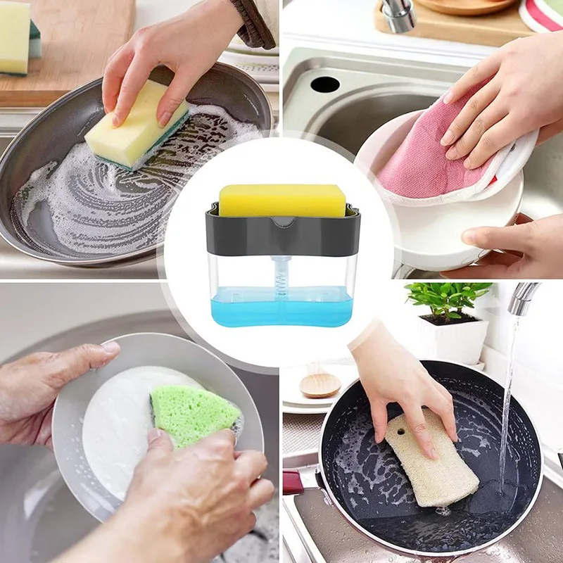 

Soap Pump Dispenser with Sponge Holder Cleaning Liquid Dispenser Container Manual Press Soap Organizer Kitchen Cleaner Tool
