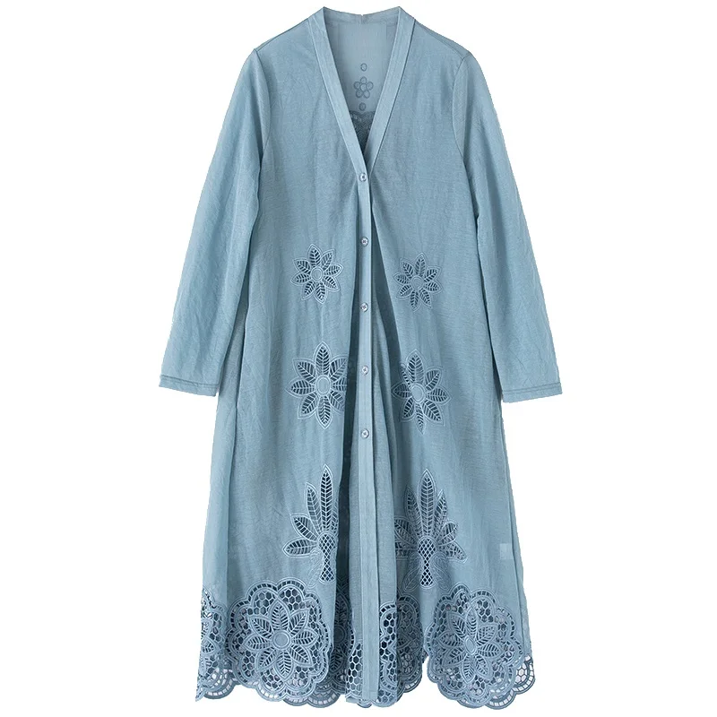 

Size Clothing Plus 2021 Spring Summer Fashion Long Tops Coat Women Hollow Out Embroidery Single Breasted Black Blue Coat Outwear