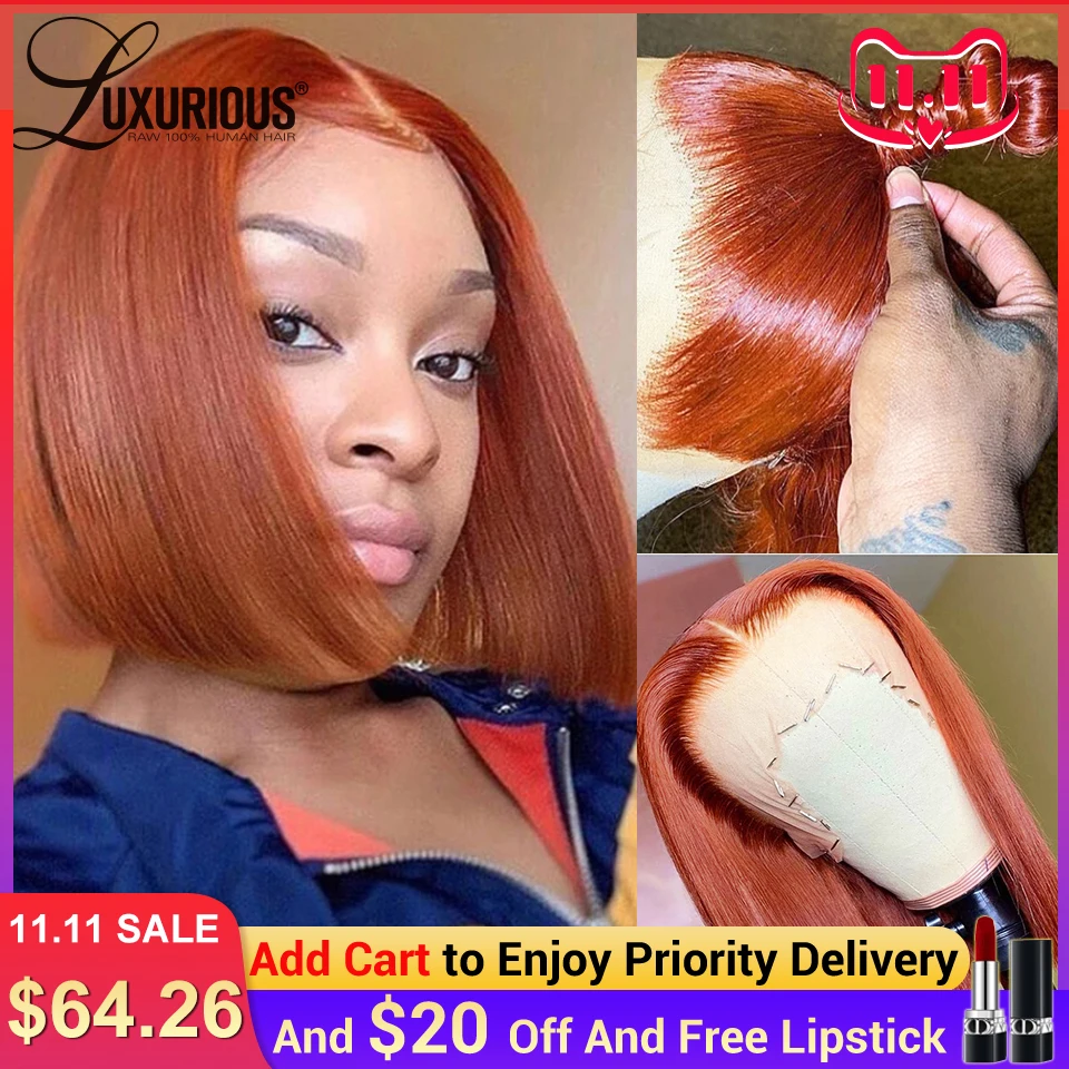 

Ginger Orange Short Bob Wig Blunt Cut Lace Front Human hair Wigs For Women Straight Peruvian Remy Hair 180% Density Pre Plucked