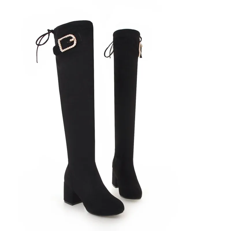 Модные женские сапоги больших размеров на высоком каблуке с завязкой после