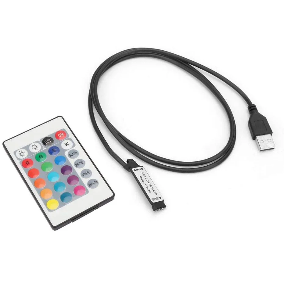 

Wireless Mini 5V USB Led Controller With CR 2025 Battery 24keys 4 Pin Dimmer Infrared Remote Control For RGB Tape 5050 Led Strip