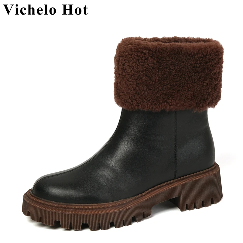 

Ботинки Vichelo зимние из натуральной кожи, теплые модные базовые полусапожки на толстом среднем каблуке, с круглым носком, без застежки, в стил...