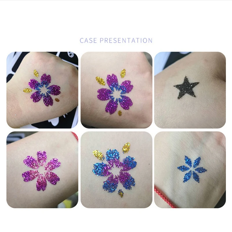 

Glitter Tattoo Set Temporary Tattoo Kit-12 Glitter Colors,30 Stencils, Body Nail Glitter Art Paint Birthday Party