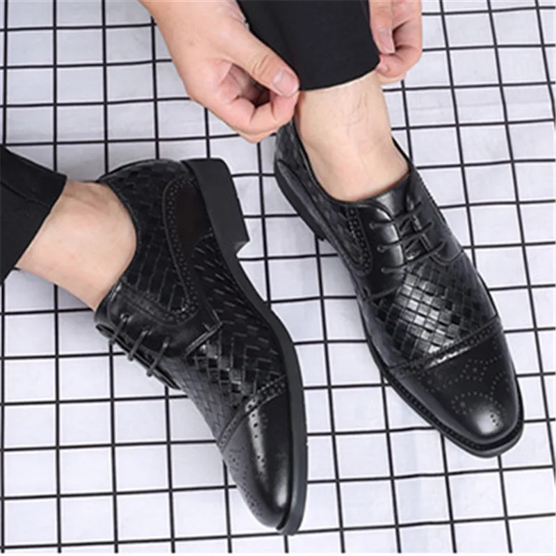 

Men's Business Shoes Splicing Weaven Lace Up Male Footwear Pointed Toe Low Heel Brogue Big Size Formal Wedding Mens Dress Shoes