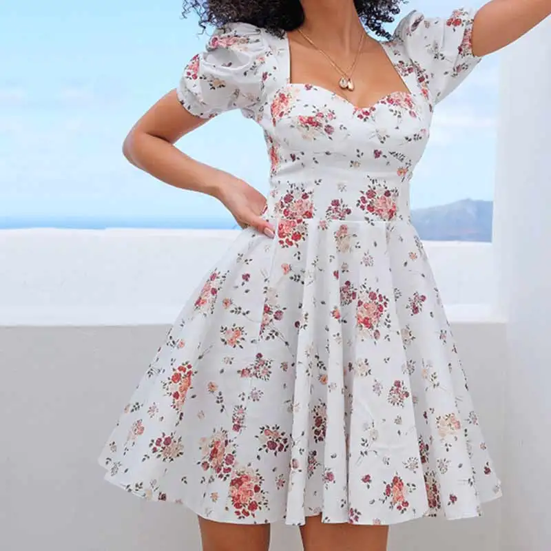 

Платье женское в стиле бохо с цветочным принтом, элегантный белый Мини Сарафан на молнии с коротким рукавом, одежда для женщин на лето