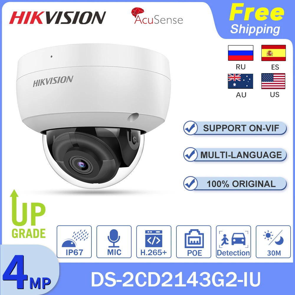 

Hikvision 4MP Mini Camera Dome Vandal DS-2CD2143G2-IU AcuSense H.265+ POE SD Card Face Detection Built-in Mic Webcam IP67 IK10